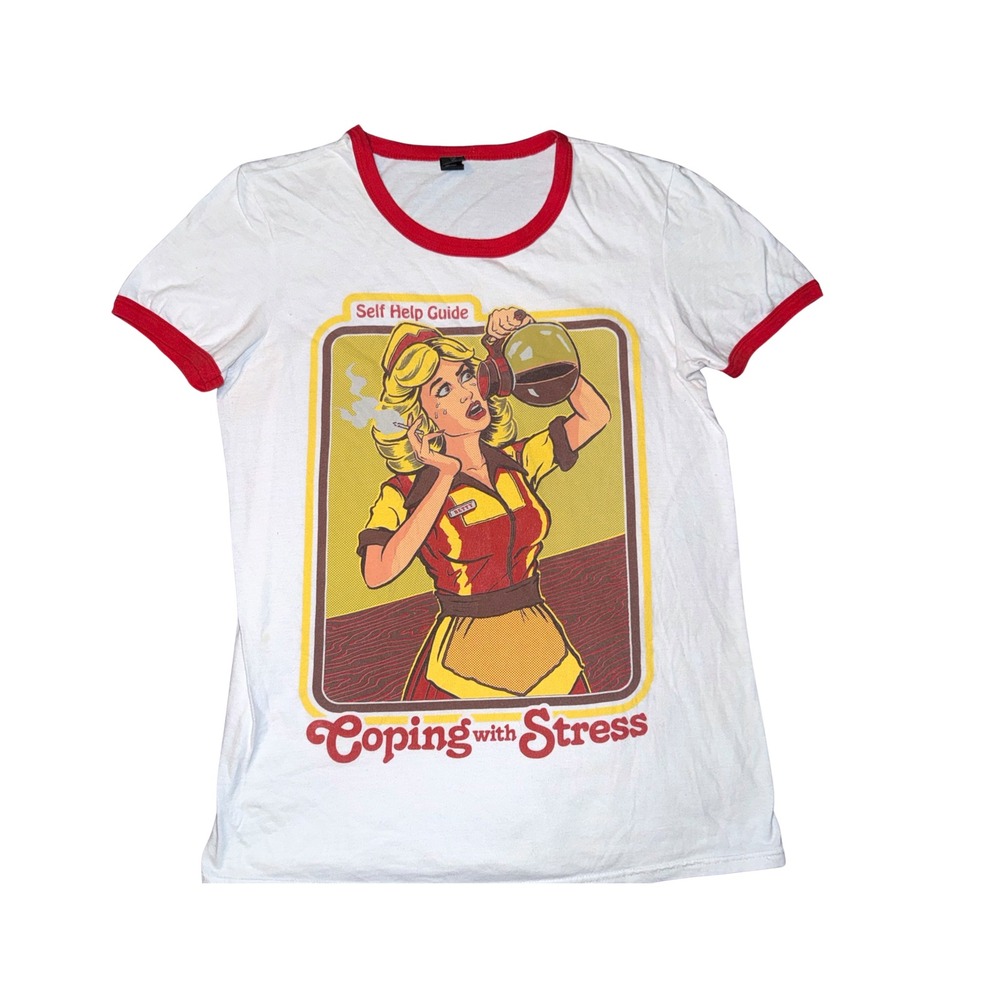 Anvil Coping With Stress Graphic Ringer Tee White Red Retro Waitress T-Shirt S